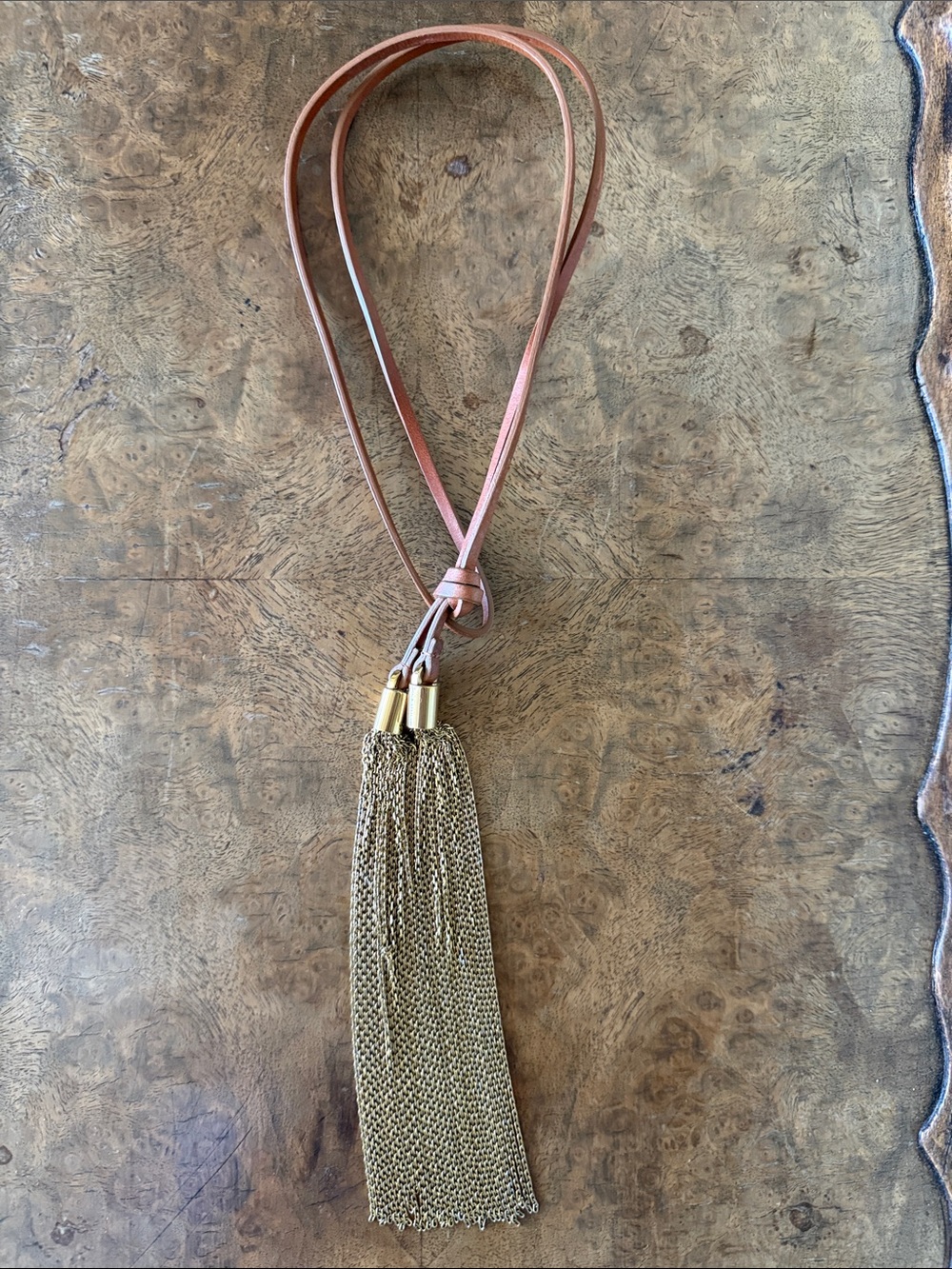 Leather Strap Necklace with Gold Chain Tassel - Brown/Gold